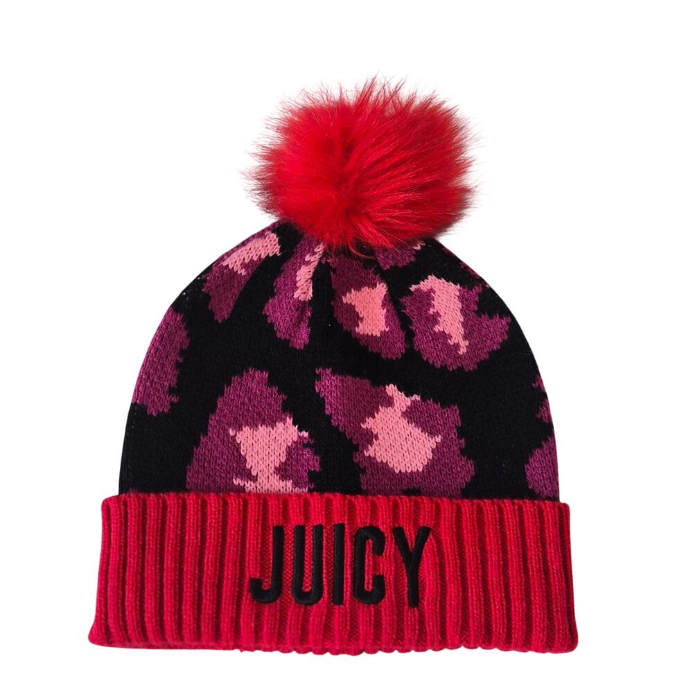Juicy Couture Pink Purple Leopard Print Pom Pom Beanie Hat Embroidered Logo
